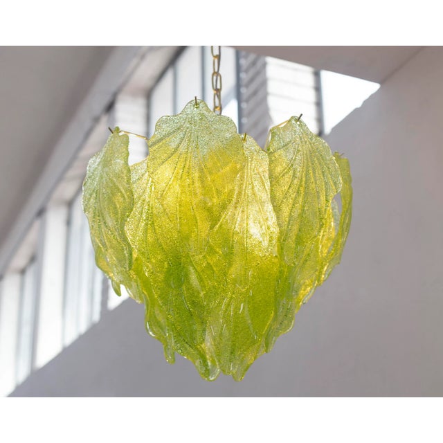 Metal Suspension Chandelier in Murano Glass Leaves Green Color, Italy, 1990s For Sale - Image 7 of 13