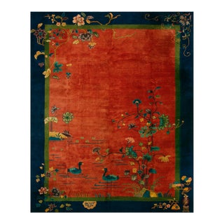 1920s Red Rustic Swan Floral Antique Chinese Art Deco Carpet 9' X 11'10" Knotted Wool Rug For Sale