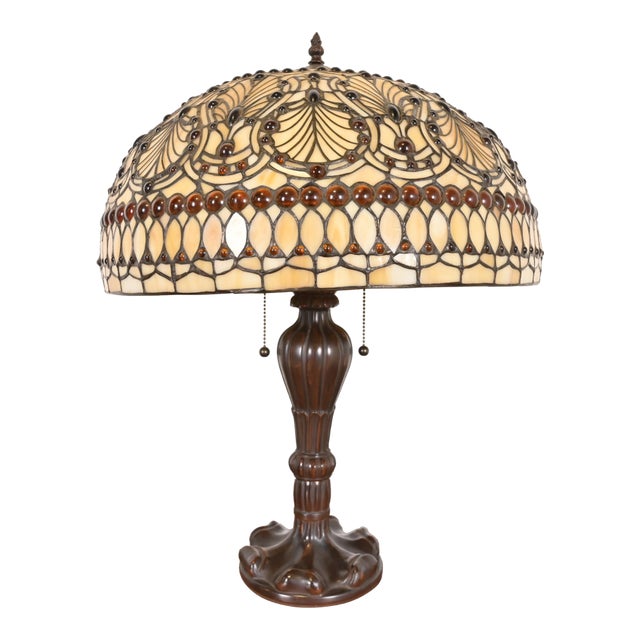 Tiffany Studios Style Arts & Crafts Table Lamp With Jeweled Stained Glass Shade For Sale