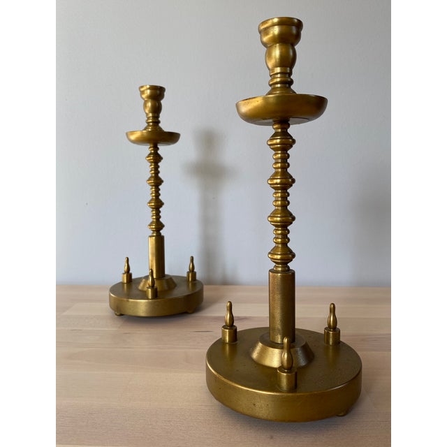 Modern 1930s Machine Age Modernist Hand Made Lathe Turned Brass Candlesticks - a Pair For Sale - Image 3 of 10