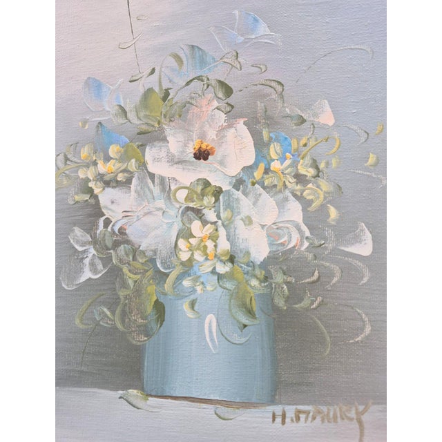 Vintage original art, acrylic painting on stretched canvas, unframed. Lovely floral in soft blues, green, yellow, white...