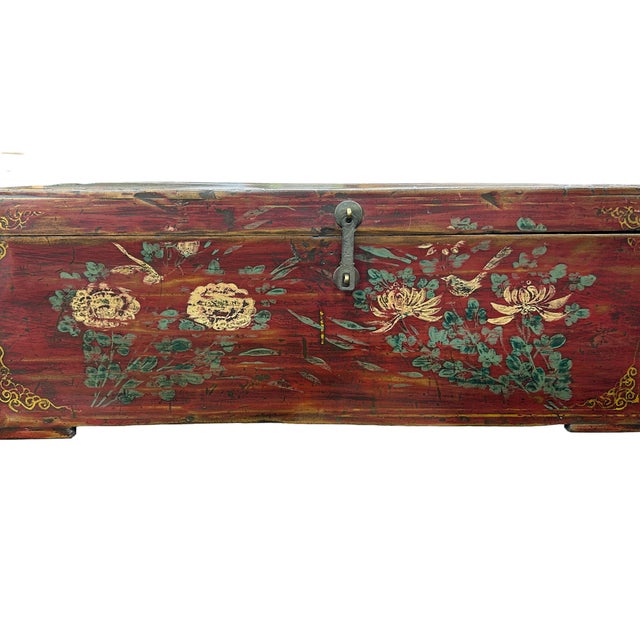 1960s Vintage Floral Distressed Deep Red Rectangular Wood Trunk Box For Sale - Image 5 of 9