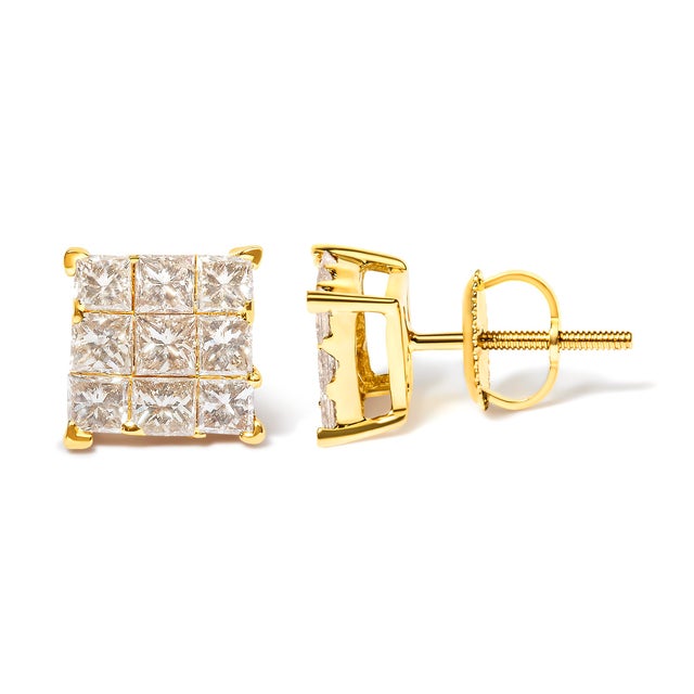 Contemporary 14K Yellow Gold 1 1/2 Cttw Invisible Set Princess-Cut Diamond 9 Stone Square Stud Earrings (J-K Color, SI2-I1 Clarity) For Sale - Image 3 of 5