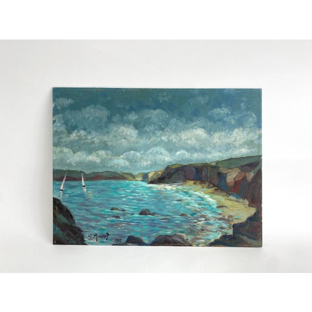 1985 original French oil painting on board titled La Cote Sauvage, a beach on the Atlantic coast of France. Vivid colors...