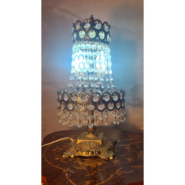Bronze and Brass Table Lamp with Crystal and Glass Pendants, 1940s, in Very Good conditions. Designed 1920 to 1949...