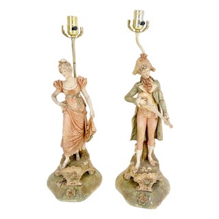 Pair of Large Porcelain Ceramic Dancing Very Fine Figurines Table Lamps MINT! For Sale