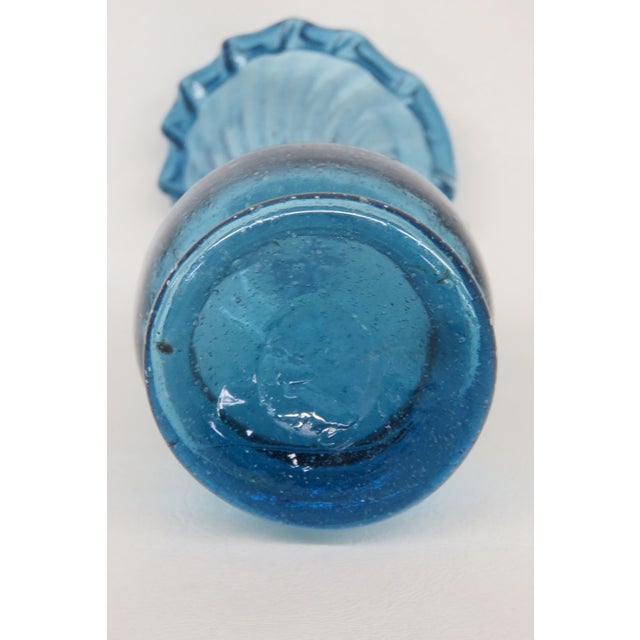 Glass Small Aqua Blue Vase Mexican Hand Blown Art Glass With Fluted Ruffle Rim 4742b For Sale - Image 7 of 14