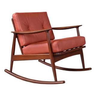 Restored 1950's Danish Teak Rocking Chair in Terra Cotta Leather by Moreddi For Sale