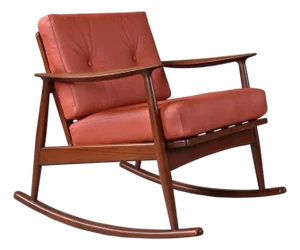 Restored 1950's Danish Teak Rocking Chair in Terra Cotta Leather by Moreddi