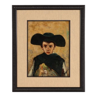 Italian Oil Painting Portrait of Young Boy With Hat For Sale
