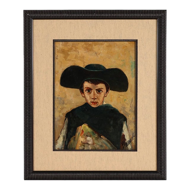 Italian Oil Painting Portrait of Young Boy With Hat For Sale