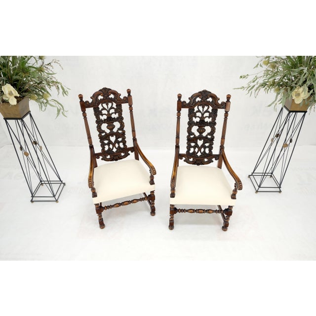 Pair of Carved Walnut Tall Backs New Upholstery Fireside Arm Side Chairs MINT! For Sale - Image 13 of 13