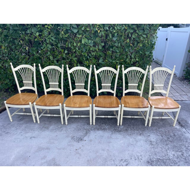 French Country Wheat Back Dining Chairs, Set of Six, Malaysian Export, French Countyside, Rustic, Wood, Cottage For Sale - Image 3 of 12