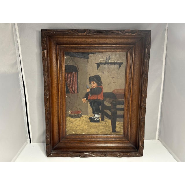 Wood Antique Folk Art Oil Painting: Young German Boy with Spoon For Sale - Image 7 of 9