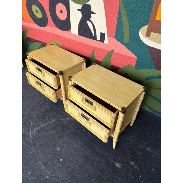 Yellow Hollywood Regency Stanley Faux Bamboo Night Pair For Sale - Image 8 of 10