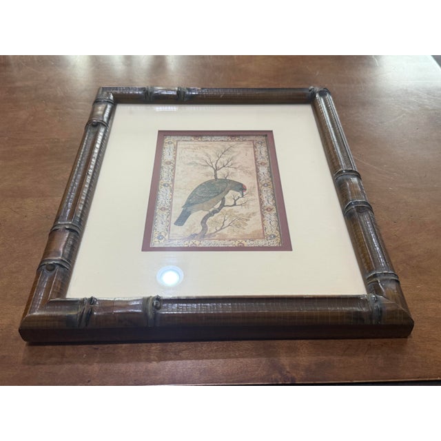 Brown Vintage Persian-Style Bird Art Print in Bamboo Frame For Sale - Image 8 of 10