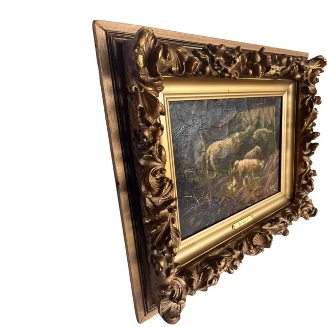 Antique Barnyard Oil on Canvas Painting With Sheep in Giltwood Frame For Sale - Image 4 of 8