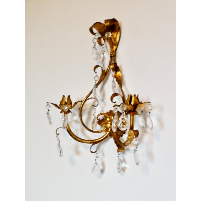 ItalianTole Gold Double Arm Candle Sconce With Crystals For Sale - Image 10 of 12