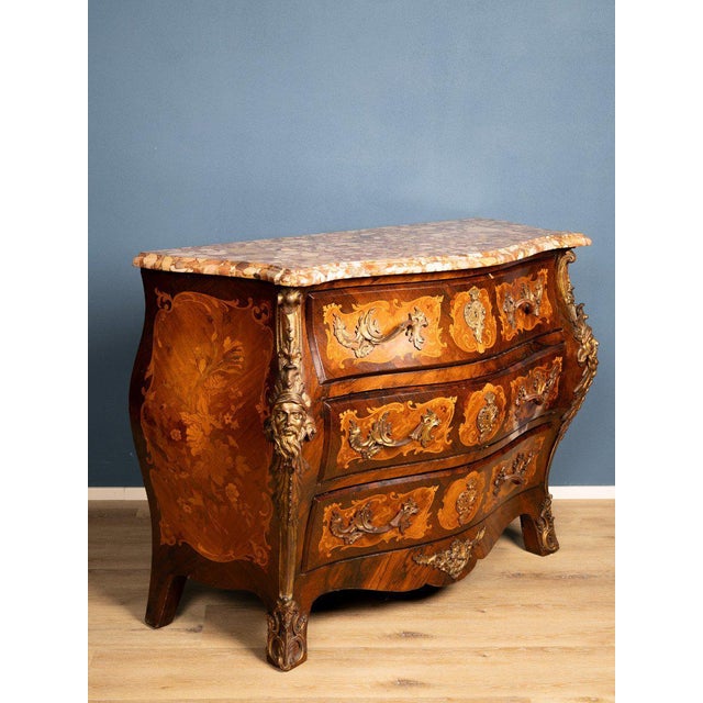 Louis XIV Style Curved Chest of Drawers with Inlays, Gilded Bronze Finishes and Marble Top For Sale - Image 6 of 8