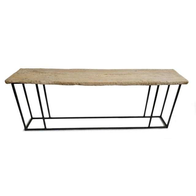 Vintage beautiful rustic long elm slab console table with simple black iron base. Great combination of modern and rustic....
