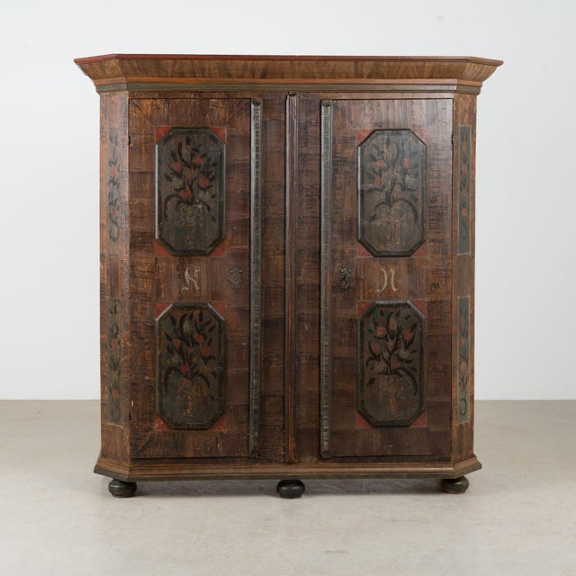 Folk Art Original Hand-Painted Pine Folk Art Two-Door Armoire Dated 1793 For Sale - Image 3 of 10