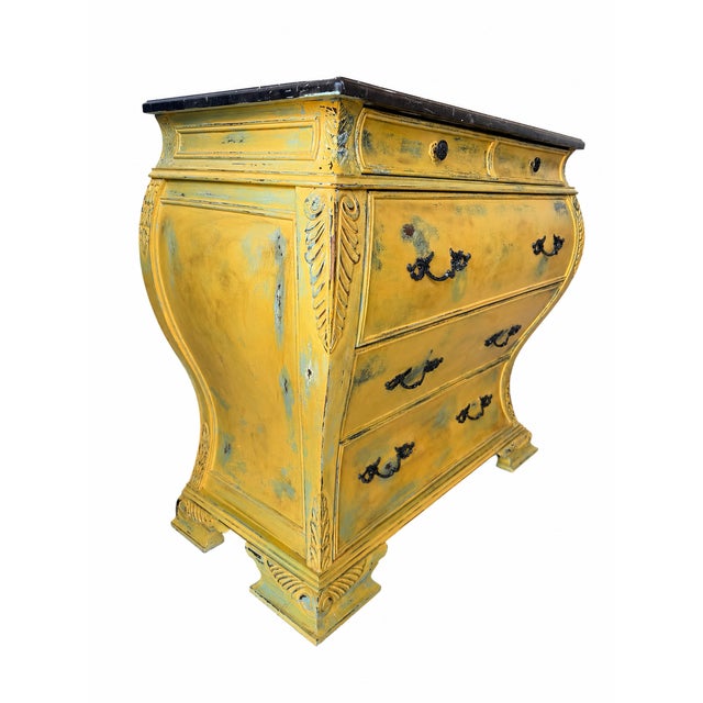 French Provincial French Provincial Bombe Commode With Marble Top in Distressed Mustard Finish For Sale - Image 3 of 14