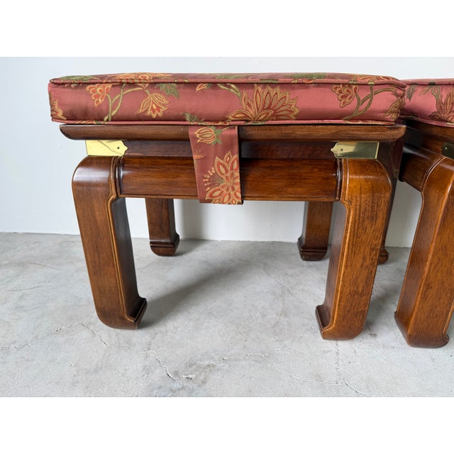 1980s Vintage Chinese Ming Style Mahogany Stools With Floral Cushions – A Pair For Sale - Image 5 of 18