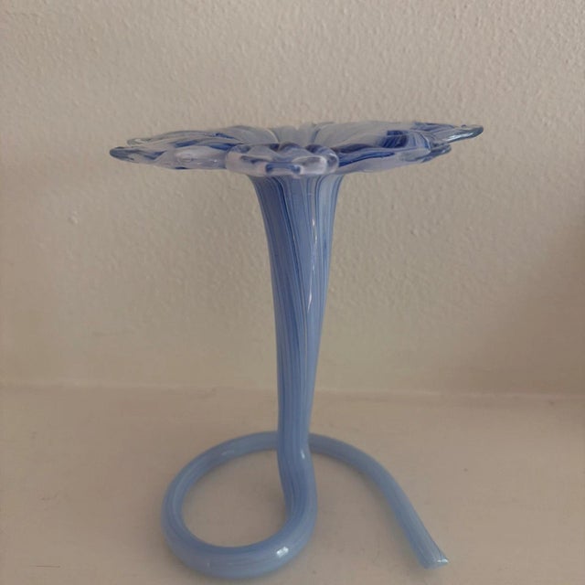 Italian Lavorazione Arte Murano Glass Flower Blue Bud Vase From Italy For Sale - Image 3 of 5