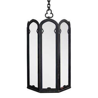 Large Vintage Gothic or Art Deco Black Painted Wrought Iron & White Milk Glass Light Fixture For Sale