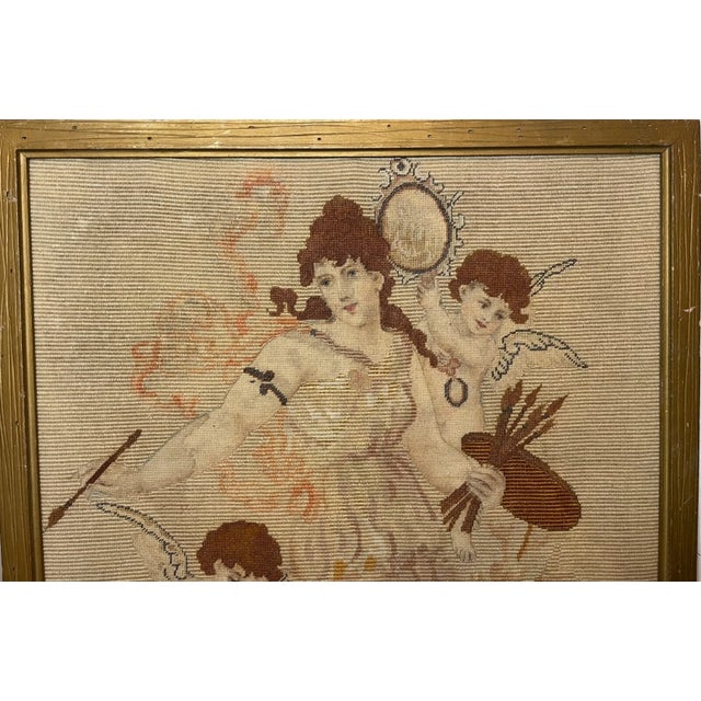 19th Century Large Antique 19th Century Victorian Handmade Lady Cherub Venus Needlepoint Art For Sale - Image 5 of 12