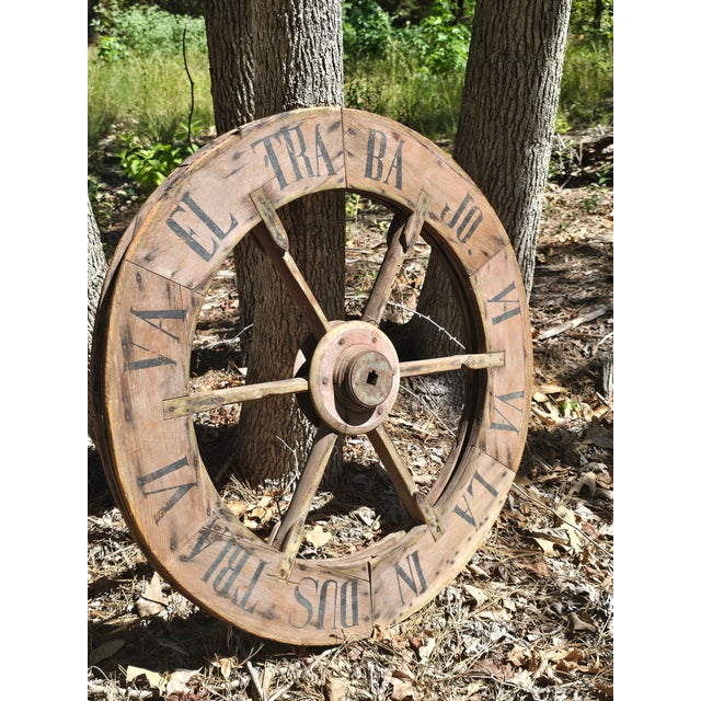 Rustic Large Industrial Wooden Pulley Wheel With Vintage Stenciled Lettering — 30” For Sale - Image 3 of 10