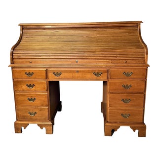 1990s Ethan Allen Roll Top Desk and Rolling Desk Chair For Sale