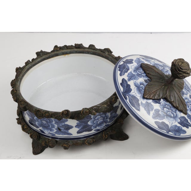 Vintage Maitland-Smith Blue and White Porcelain Box With Brass Hand Painted Floral Details For Sale - Image 13 of 13