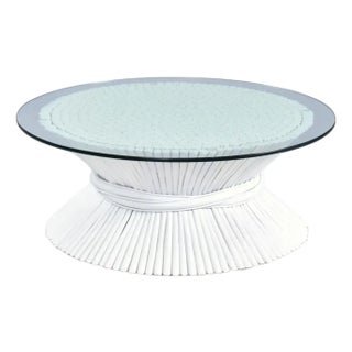 McGuire Coastal White Rattan Wheat Sheaf Coffee Table With Round Glass For Sale