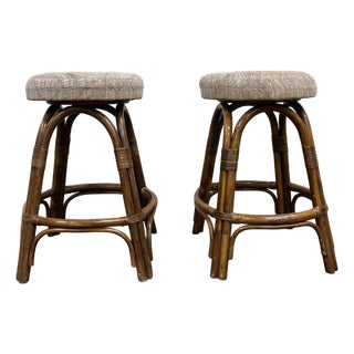 Vintage Rattan and Bentwood Backless Swivel Bar Stools - Pair For Sale