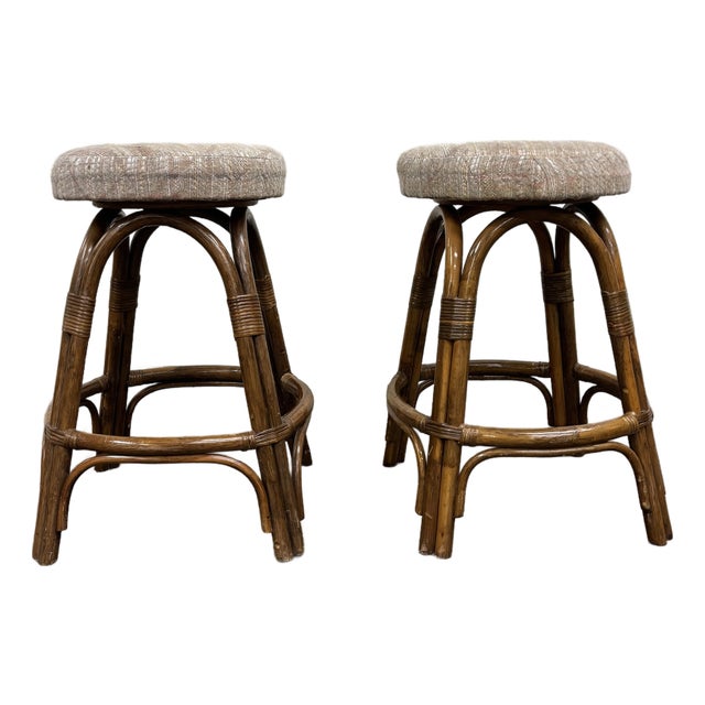 Vintage Rattan and Bentwood Backless Swivel Bar Stools - Pair For Sale