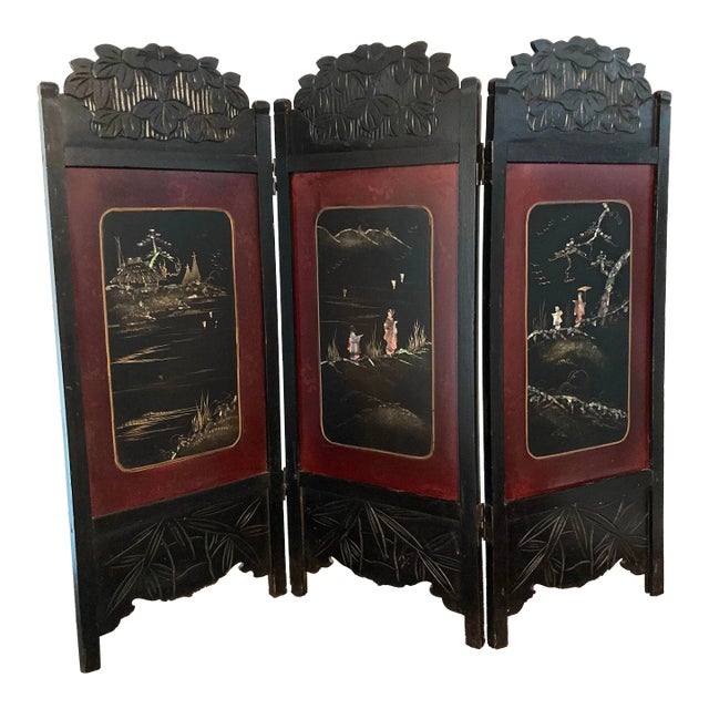 Vintage Tabletop Ebonized Wood & Inlaid Mother-of-Pearl Chinoiserie Folding Screen for Palm Beach Regency, British Colonial & Traditional Decor For Sale