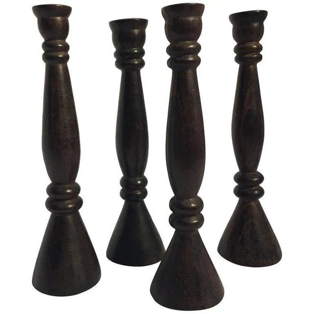 Ebony Mid 20th Century Vintage Hand-Carved Ebonized Wood Candlesticks- Set of 4 For Sale - Image 8 of 8