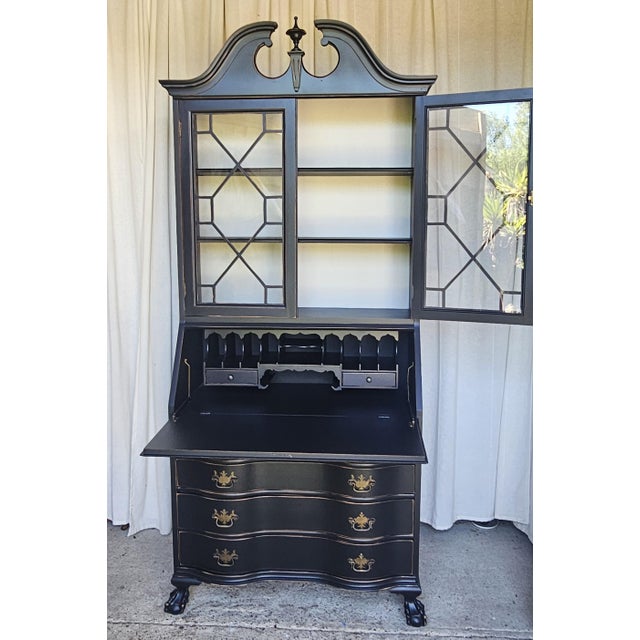 Black Chippendale Style Secretary Desk/ Secretary Hutch, Circa 1940's For Sale In Los Angeles - Image 6 of 16