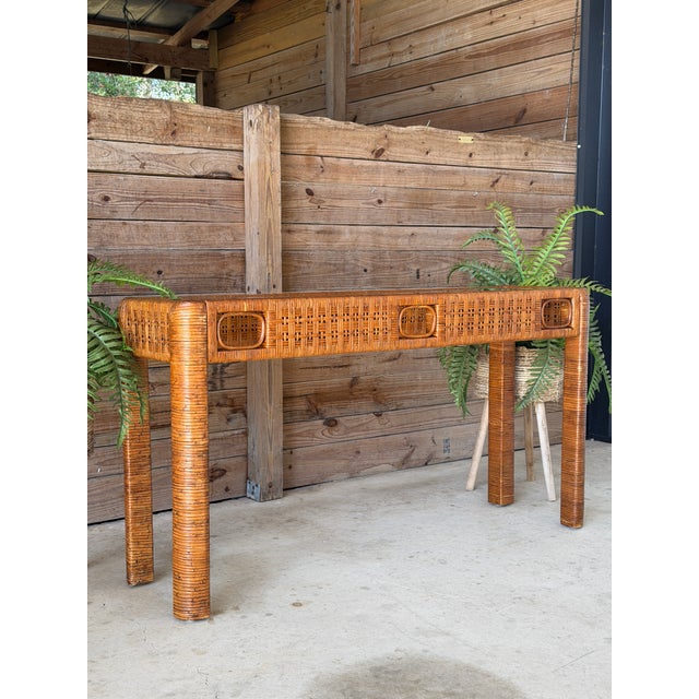 Vintage Boho Rattan Wrapped Console With Woven Apron & Glass Top For Sale - Image 11 of 12