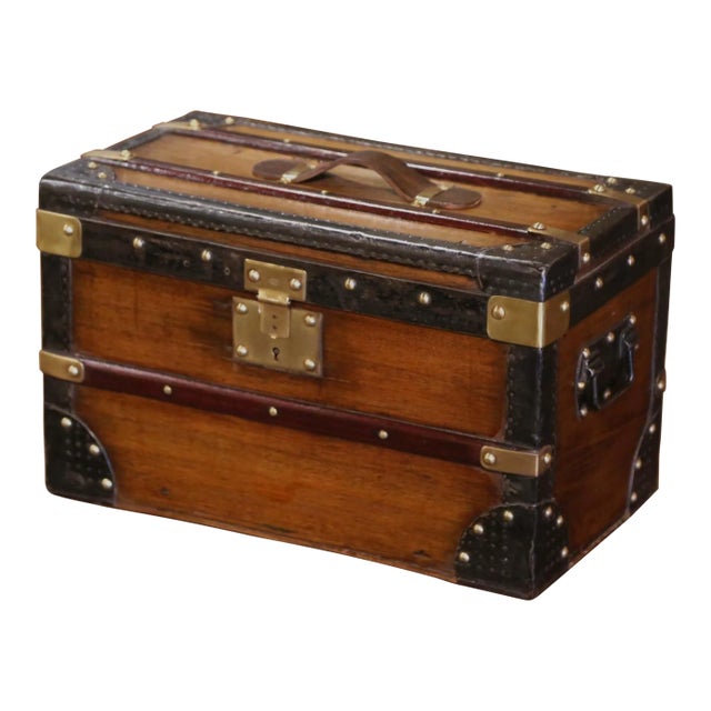 19th Century French Poplar, Iron, Brass and Leather Travel Trunk Jewelry Box For Sale