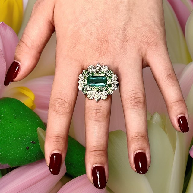 Metal Natural Emerald Tsavorite Diamond Ring 6.75 14k White Gold 9.22 TCW Certified For Sale - Image 7 of 17
