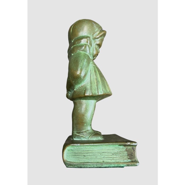 Antique Bronze-Clad Boy & Girl Figural Bookends, Verdigris Patina, C. 1920s, Sold as a Pair For Sale - Image 9 of 10