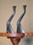 A pair of vintage 1980s mid century modern brushed silver chrome candleholders by FR Portugal. These futuristic angular...