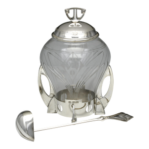 WMF Art Deco Covered Glass Punch Bowl With Silverplate Frame & Ladle, Circa 1925–1935
