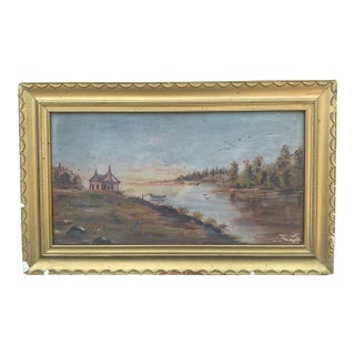 Antique Late 19th Century Framed Oil on Board River Landscape For Sale