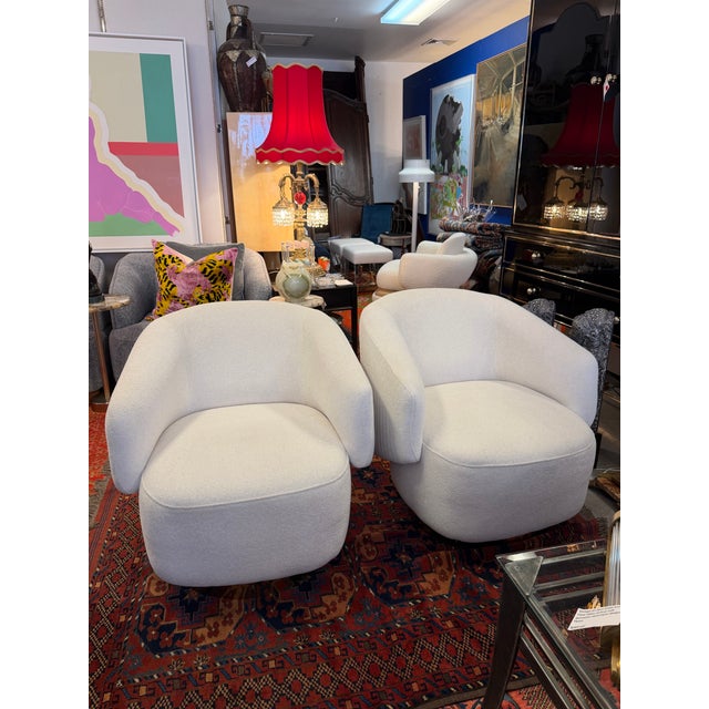 Contemporary Cream Color Channeled Swivel Arm Chairs With Wrapped Gold Tone Bases a Pair For Sale - Image 3 of 9