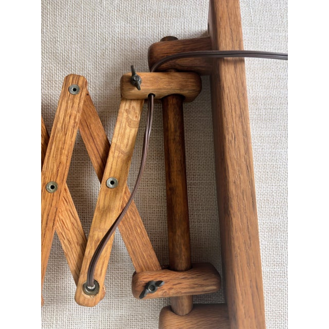 Vintage Wood Scissor Lamp Danish Style W/ Wicker Shade For Sale - Image 13 of 15