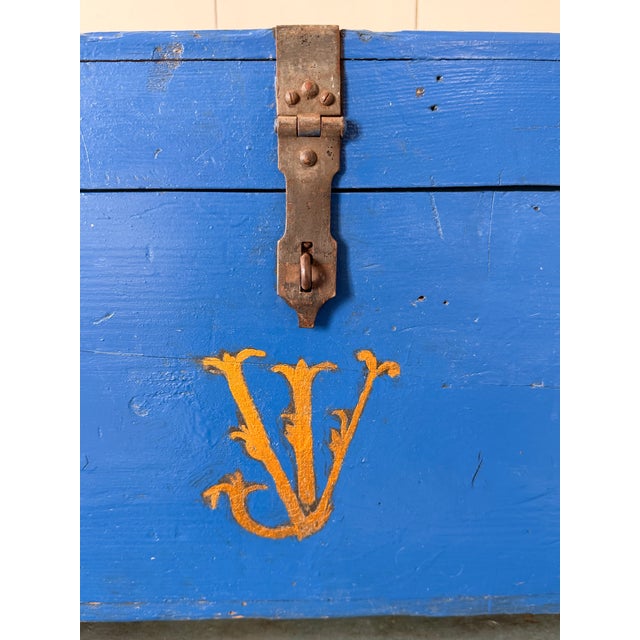 Vintage French Painted trunk, or hinged top. original hardware. Probably re painted this wonderful bright blue, with the...