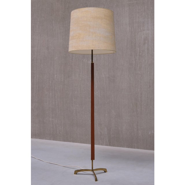 Mid-Century Modern Modern Danish Three Legged Floor Lamp in Brass, Teak and Textured Shade, 1950s For Sale - Image 3 of 15